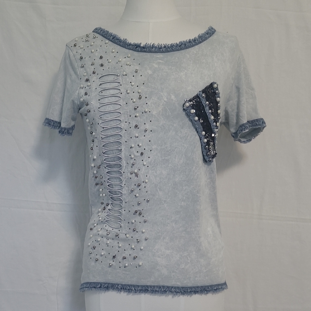 Stylish Embellished Blue Women's Top